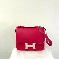 HERMES桃紅牛皮銀釦Constance 24