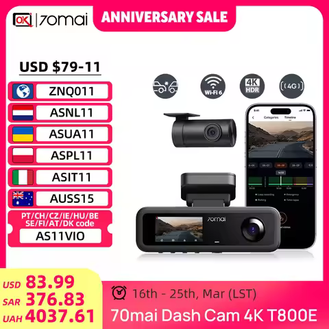 70mai T800E 3-Channel Dash Camera 2160P Dual 4K Triple View HDR Supercapacitor GPS WiFi 6 70mai t800