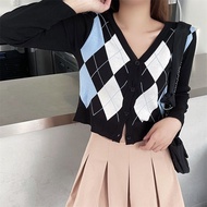 Argyle Print Button Front Crop Cardigan Long Sleeves Knitted Cardigan Sweater