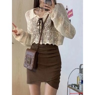 Hot Girl Dress Sweet Style DREAM SEVEN77 Pure Desire Sling Hip Dress+Loose Hollow Long-Sleeved Sunsc