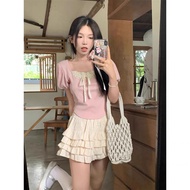 Slimmer Look Sweet Fashion Slimmer Look Suit Sweet Pink Laced-Up Short-Sleeved Top High Waist Puffy 
