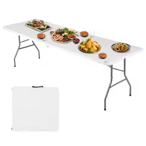 Folding Table, Portable Fold-in-Half Plastic Picnic Party Table with Carrying Handle