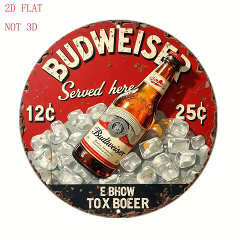 Vintage "Budweiser Served Here" Retro Beer Label Design with Distressed Finish & 2D Flat Style Round