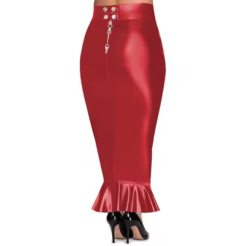 Plus Size Women's High Waist Long Hobble Skirt Lockable Zipper PU Leather Bodycon Mermaid Skirt Siss