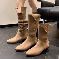 Merad Pointed Toe Pile Boots - Western Styled Cowgirl Boots with Buttons & Thick Heels