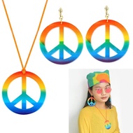 10MK Hippie Costume Jewerly Set 60s 70s Rainbow Peace Sign Pendant Necklace Earrings