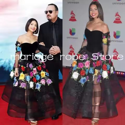 Puffy Skirt Black Mexican Outfit Prom Dresses with Remove Sleeve 3D Floral Strapless See Through cel