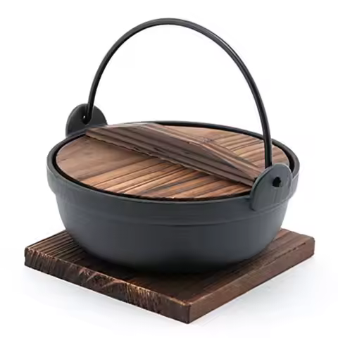 HSSN-PHP675, Japanese Design Cast Iron Nabe Sukiyaki Nabemono Personal Size Hot Pot With Wooden Lid,