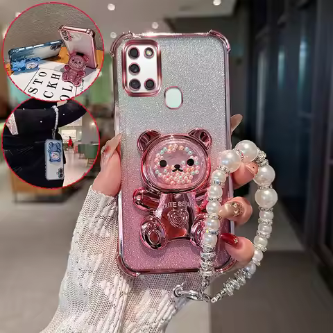 Cute Bear Cartoon Holder Pearl Lanyard Strap Shockproof Glitter Phone Case For Samsung Galaxy A21s 2