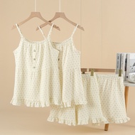 Summer Sling Pajamas Set Small Cherry Crepe Gauze Sling Short Sling Crepe Double-Layer Gauze Cotton 