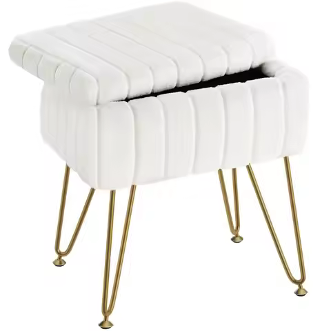 Vanity Stool Chair Faux Fur with Storage, 15.7L x 11.8W x 19.4H Soft Ottoman 4 Metal Legs with AntiS