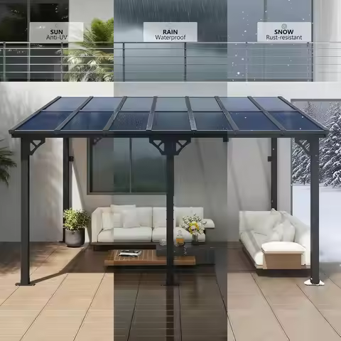 Wall-Mounted Gazebo Pergola for Outdoor – Sloped Roof, UV-Protected Polycarbonate Top, Heavy-Duty Aw