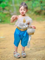 ✅พร้อมส่ง✅#DN ชุดไทยเด็กประยุกต์ เสื้อสไบแต่งลูกไม้ระบายเฉียง