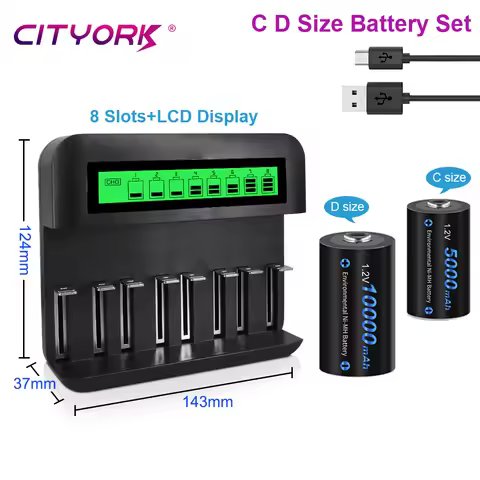 CITYORK 1.2V LR20 D Size NI-MH Battery 10000mAh Rechargeable LR14 R14 5000mAh NIMH C Type Battery wi