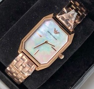 EMPORIO ARMANI 長方型 珍珠貝母錶盤 玫瑰金色鋼帶 女錶 AR11147
