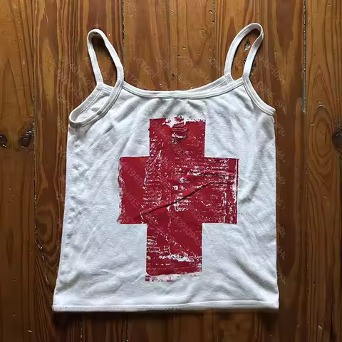 Y2k Streetwear O-neck 90s Cross Printing Tops Women Harajuku Clothes Vintage Crop Tee Aesthetic Casu