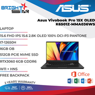 ASUS LAPTOP VIVOBOOK PRO 15 OLED K6501Z ( 90NB0YD1-M001U0 ) ( INTEL I7-12650H | 16GB OB | 512GB PCIE NVME SSD | NVIDIA RTX3060 6GB GDDR6 | 15.6 INCH 2.8K OLED 100% DCI-P3 PANTONE | MS OFFICE HOME &amp; STUDENT )