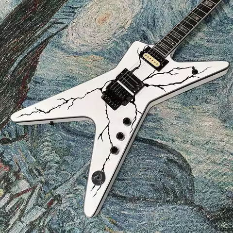 White 6-string electric guitar, unique guitar, high gloss, black lightning pattern on the body
