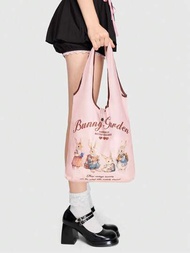 ROMWE Kawaii Bolsa De Almacenamiento Con Diseño De Conejos Dulces Y Encantadores Para Guardar Cosas, Bolsa Plegable De Gran Capacidad Y Portátil Para Ir De Compras