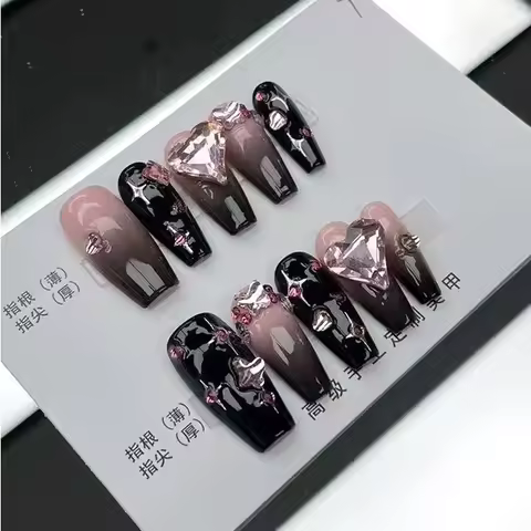 Black Pink Handmade Wearable Nail Pink Ink Y2K Fake Nails Spice Girls Dazzle Cool Style Nail Patch W