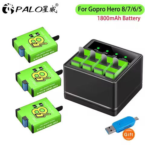 PALO for GoPro 8 Batteries 1800mAh Replacement Battery + 4 Slots LED Type-C Charger for Gopro Hero 7
