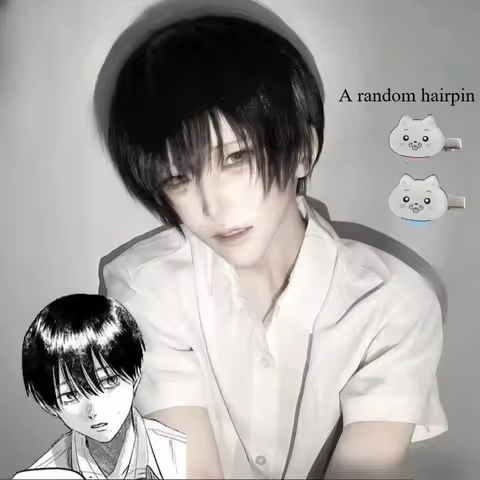 Anime Yoshiki Tsujinaka Cosplay Wig Black Short Hair with Hairpin Role Play Props Accessories for Me