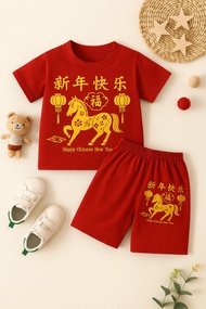 Stelan Baju Imlek Cina Anak Laki-Laki & Perempuan Lengan Pendek Usia 1-10 Tahun Bahan Katun Dengan M