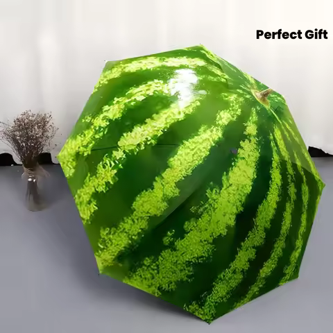 Compact Folding Umbrella Featuring a Watermelon Skin Design. It'S a Convenient Outdoor Accessory Sui