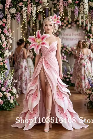 Sweet Pink Lily Evening Gown Customized Ball Gown with 3D Floral Detail Red Carpet Gown Concert Gown