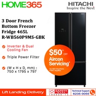 Hitachi 3 Door French Bottom Freezer Fridge 465L R-WB560P9MS-GBK