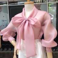 3F.Seoul nista เดรสงานตัดร้าน เดรสเชิ้ตคอผูกโบว์ ทรงปล่อย ผ้าออแกนดี้แท้ 100%