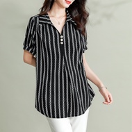 AMMIN 2024 Autumn new simple lapel fashion geometric stripe printed short sleeve chiffon shirt for w