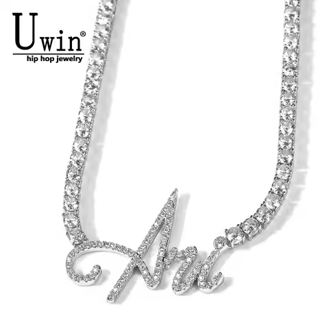 Uwin Custom Cursive Letter Necklace Welding 2mm 4mm Tennis Chain Cubic Zirconia Name Pendant Fashion