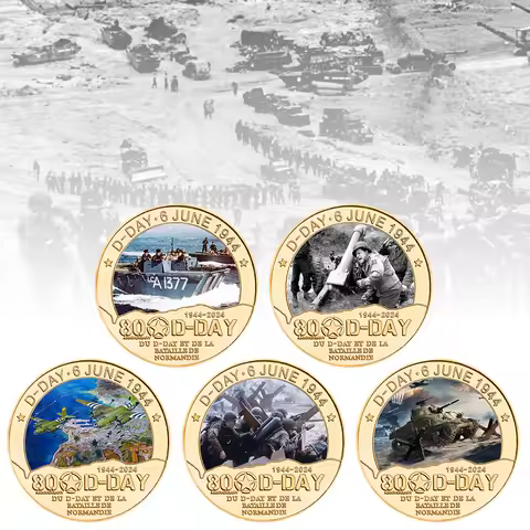 5pcs D-Day 80th Anniversary Commemorative Coins Set 1944-2024 Normandy Landing Gold Plated Collectib