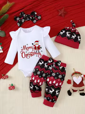 Winter 0-1 Years Old Infant Baby Girls Long-Sleeved Top And Pants Christmas Elements 2-Piece Set