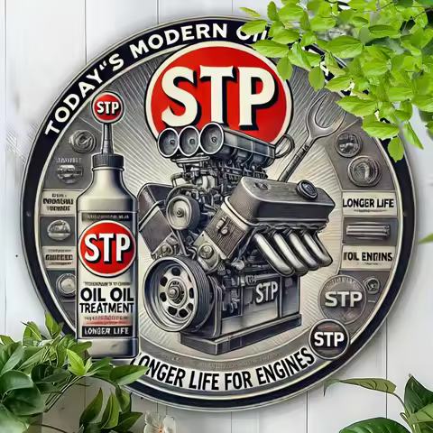 8x8 Inch Round Aluminum Metal Wall Sign - Vintage Gas Station & Car Repair Decor with "Today's STP" 