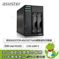 華芸ASUSTOR AS6702T NAS網路儲存伺服器/2Bay(2*2.5或3.5)/四核 Intel N5105/4G DDR4(MAX 16G)/2.5G-LAN*2/USB3*2/3年保固