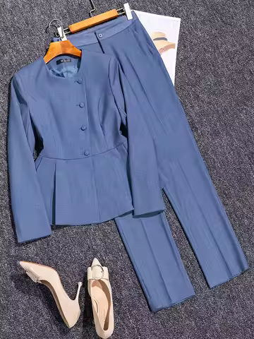 Gray Navy Black Ladies Pant Suit Formal Women Business Work Wear Solid O-Neck Blazer And Trouser 2 P