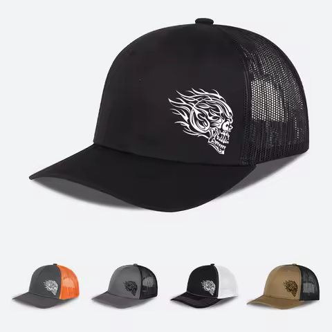 Flame Skull Print Trucker Cap Breathable Mesh, Soft & Comfortable, Adjustable Cool & Bold Rocker Sty