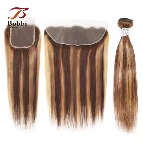 1PC Straight Highlight Human Hair Weave Bundles Brown Blonde Mix Color Lace Closure Frontal Transpar