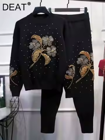 DEAT Women Two Piece Set Beading Knitted Flower Sweatershirt Elastic Waist Long Pants New Fashion Ti
