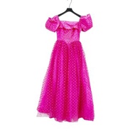二手 桃紅色 緞面 網紗 拼接 珠飾 禮服 短袖 洋裝 PMF16