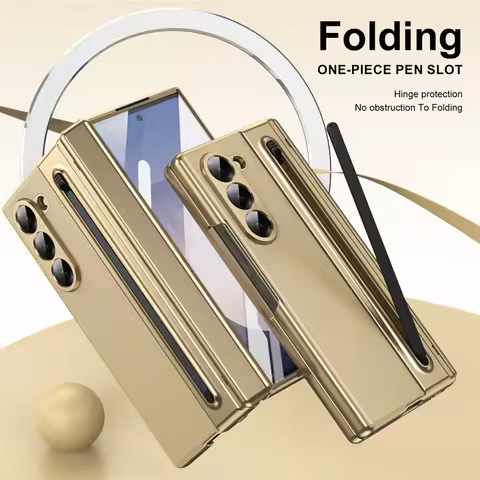 Leather Plating Hinge Case for Samsung Galaxy Z Fold 7 6 5 4 3 W25 5G with Touch Pen 360 Full Screen