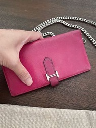 🈹🈹超靚桃粉紅色 Hermes Bearn shocking pink colour long wallet silver chain bag mini kelly ado 銀鏈長銀包