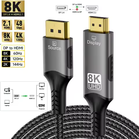 8K@60Hz DisplayPort to HDMI Cable Unidirectional DisplayPort to HDMI Cable Braided Cable Compatible 