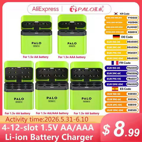 4/8/12slot 1.5V AA or AAA lithium Intelligent Charger Box with LED Light USB Type-c Fast Charging Fo