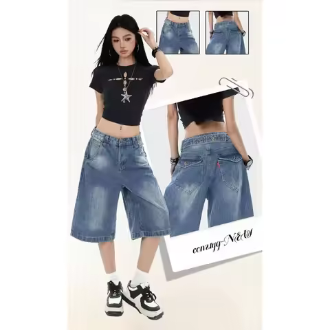 Women's American Vintage Denim Shorts 2026 Summer New High Waist Washed Loose Wide Leg Casual 7-Poin