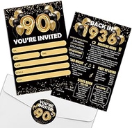 REWIDPARTY Black Gold 90th Birthday Invitations with Envelopes & Stickers（Set of 15） Back in 1934 Fi