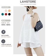 LAHSTORE women's linen shirt Set Sleeveless Wooden button back slit camisole & elastic waist wide le