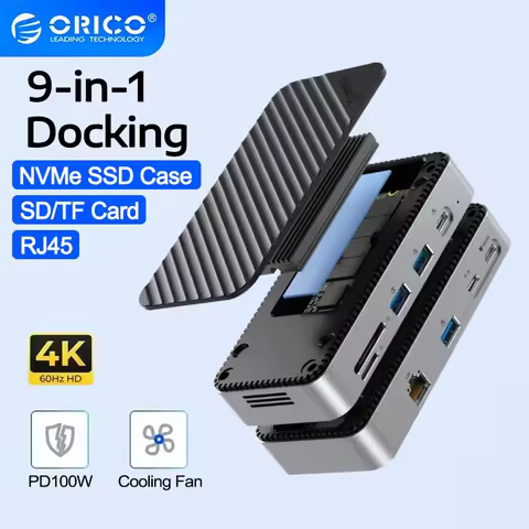 ORICO M.2 NVMe SSD Enclosure USB C HUB with Cooling Fan 10Gbps External RJ45 SD/TF USB Docking Stati